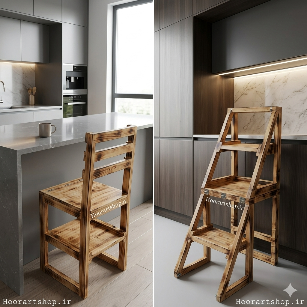 نردبان چوبی دست‌ساز پایه، مناسب دسترسی به کابینت و قفسه‌های مرتفع