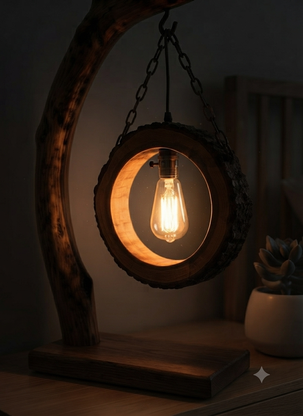 چراغ خواب چوبی دستساز با طراحی روستیک