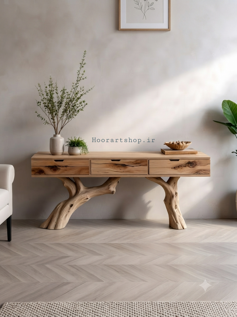 کنسول چوبی دارون با پایه طبیعی دست‌ساز